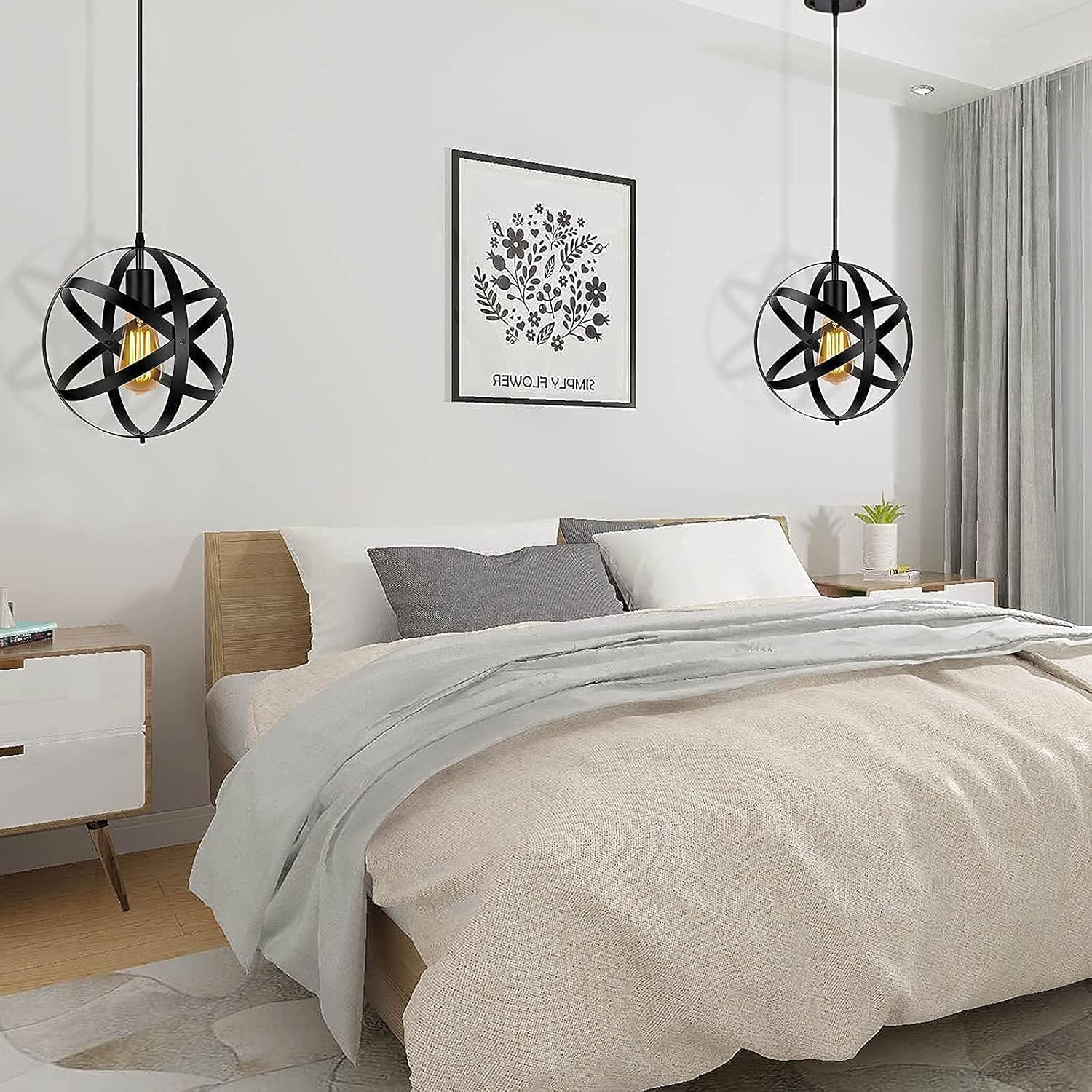 Black Pendant Light, Vintage Spherical Metal Globe Hanging Lamp for Kitchen Island V831