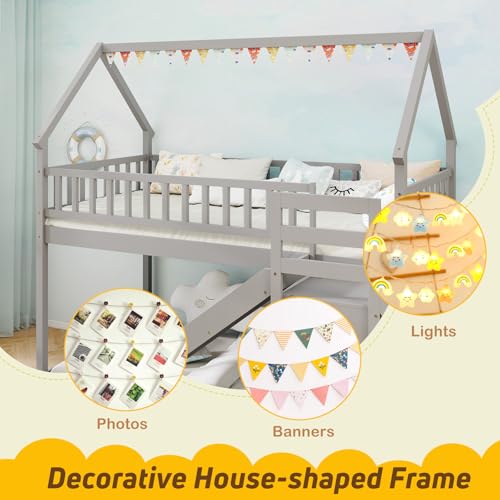 Twin Over Twin Bunk Bed with Slide and Stairs, Wood, White F9999