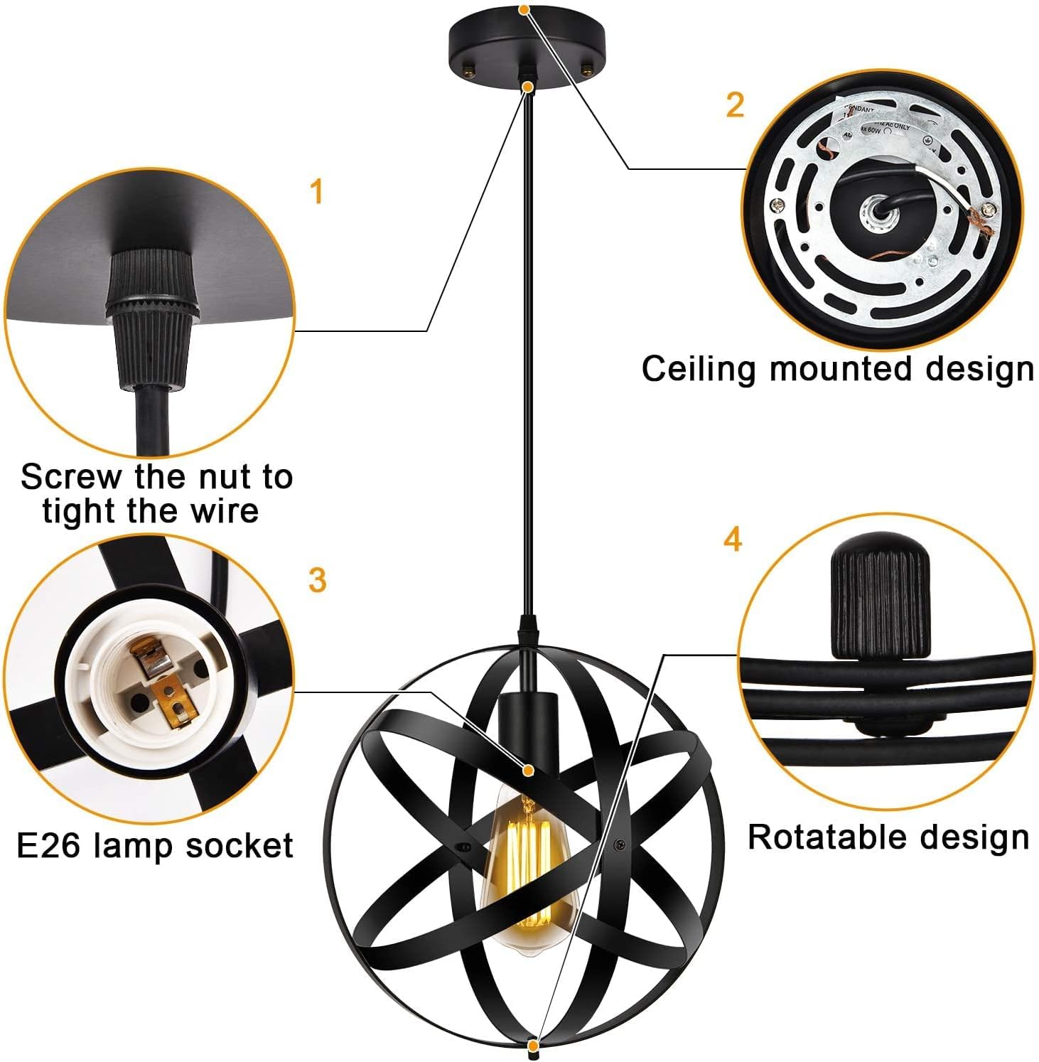 Black Pendant Light, Vintage Spherical Metal Globe Hanging Lamp for Kitchen Island V831