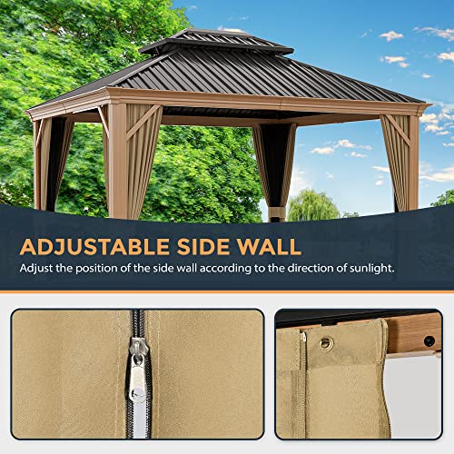 10 x 12 ft Hardtop Gazebo with Netting and Curtains, Double Roof Metal Canopy for Patio I7305