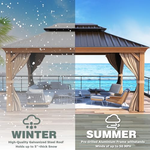 12x16 ft Hardtop Gazebo with Galvanized Steel Roof, Curtains and Netting V821