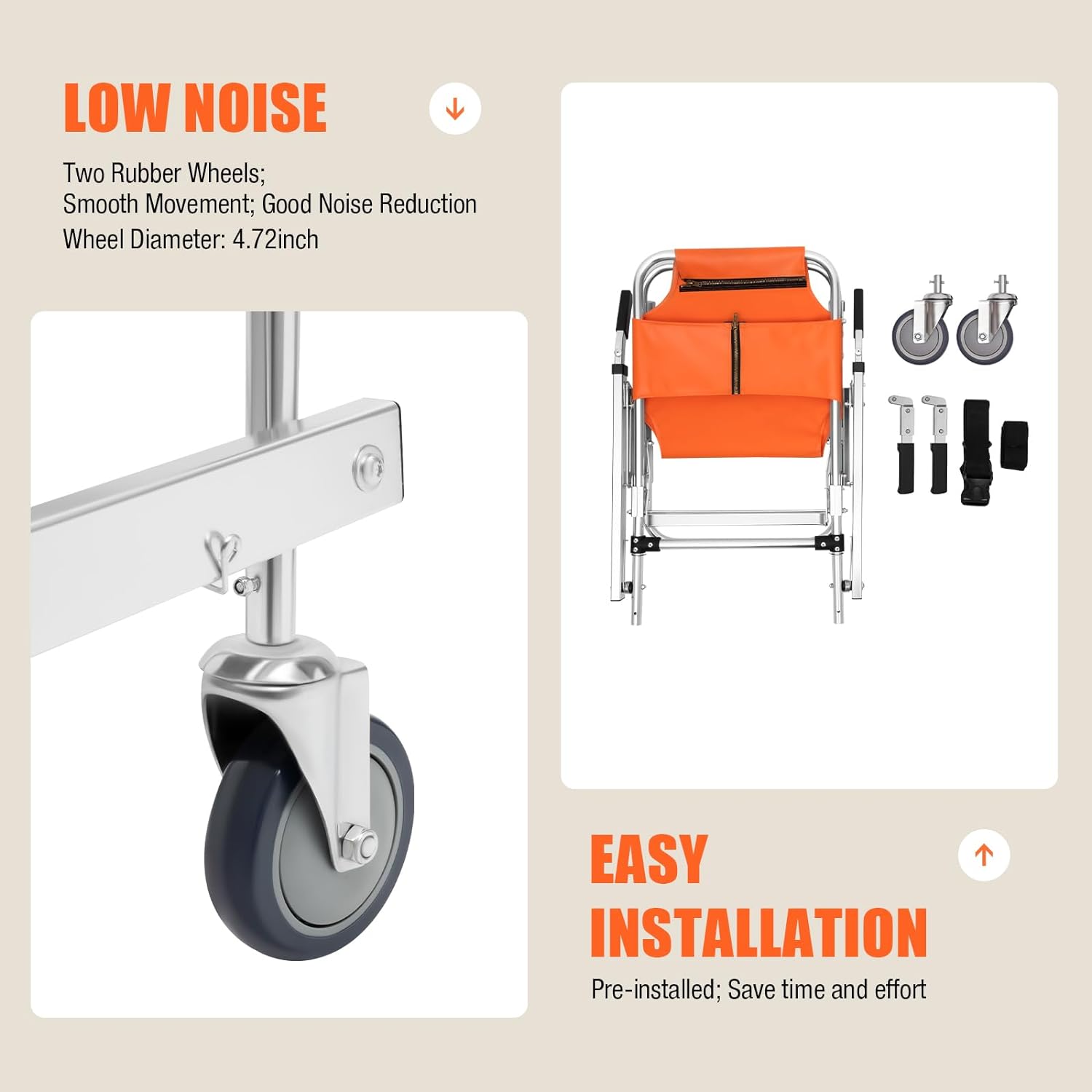 Stair Chair 2-Wheel Orange Foldable Transport Wheelchair, 350 lbs Capacity R661