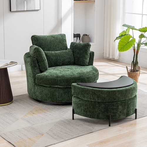 Oversized Swivel Barrel Chair with Ottoman, Chenille, Beige X252712