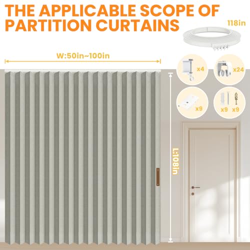 Accordion Room Divider Curtains with Ceiling Track, Grey, W100 x L84 J296