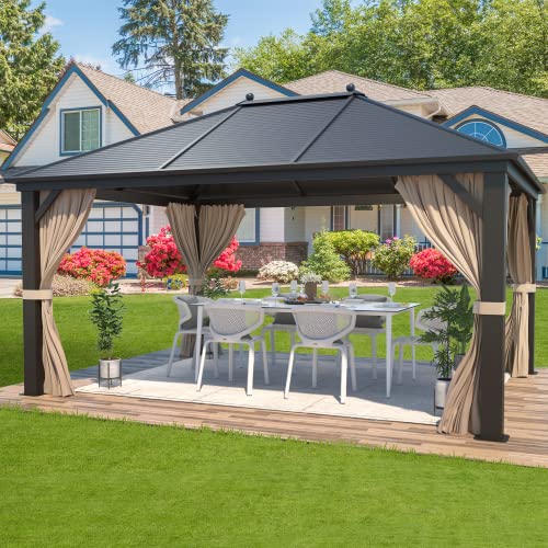 12x16 ft Hardtop Gazebo with Galvanized Steel Roof, Curtains and Netting V821