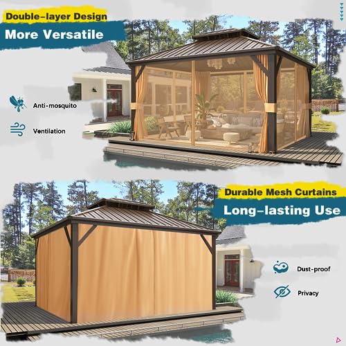 10'x13' Hardtop Gazebo with Polycarbonate Double Roof, Aluminum Frame, Curtains and Netting N263