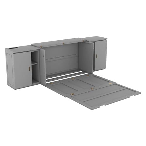 Murphy Bed Chest with Shelves, Foldable Wood Platform Bed Frame I45495