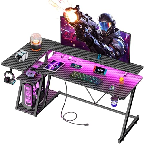 L Shaped Gaming Desk with Power Outlet and LED Lights T64283