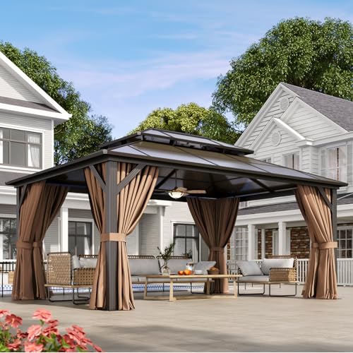 12x16 Hardtop Gazebo with Netting and Curtains, Aluminum Frame, Polycarbonate Roof N71921