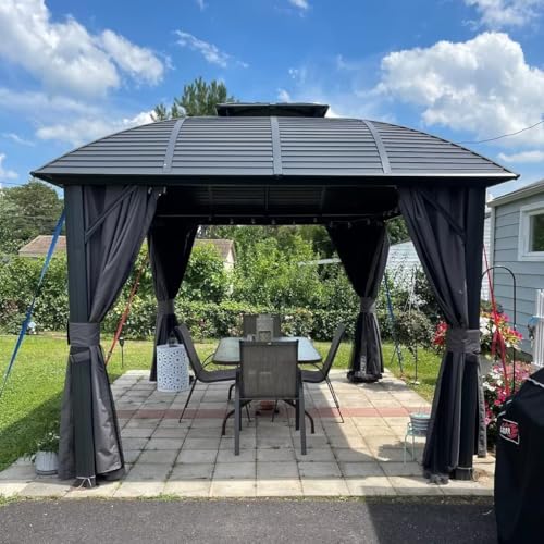 10 x 10 ft Hardtop Gazebo with Netting and Curtains, Galvanized Steel Roof for Patio and Garden X50618