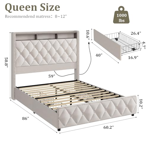 Queen Bed Frame with Tall Headboard, Velvet Upholstered, 4 Storage Drawers U913671