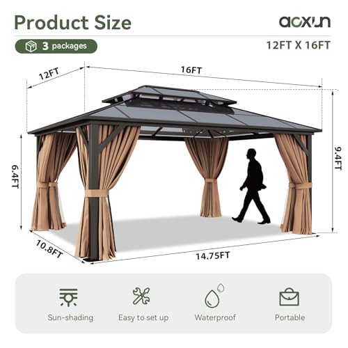 12x16 Hardtop Gazebo with Netting and Curtains, Aluminum Frame, Polycarbonate Roof N71921
