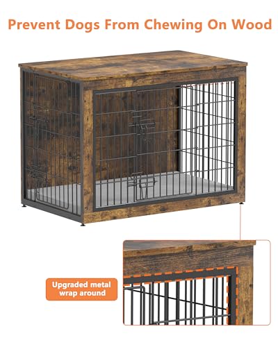 Dog Crate Furniture with Cushion, Heavy-Duty Metal Mesh, Wooden End Table with Double Doors, Indoor Kennel for Small Breed, Grey K856