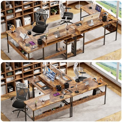 Reversible L Shaped Desk with Power Outlets and LED Light, Corner Computer Desk with Monitor Stand and Storage Shelves, Black D613