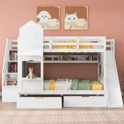 Twin Over Twin Bunk Bed with Stairs and Slide, Solid Wood Frame with Storage Y2445