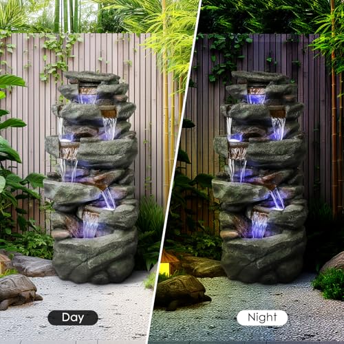 40" High 6-Tier Cascading Rock Outdoor Water Fountain with LED Lights for Garden Patio Yard Decor P631596