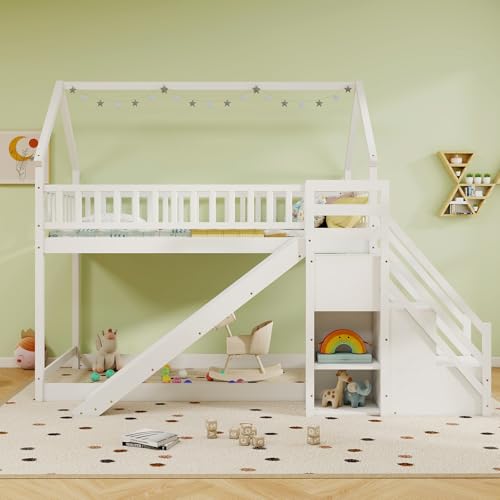 Twin Over Twin Bunk Bed with Slide and Stairs, Wood, White F9999