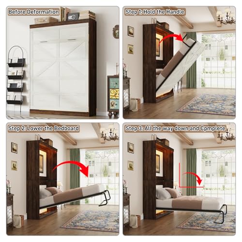 Queen Size Murphy Bed with LED Lights, Foldable Wall Bed Frame, Space-Saving J83169