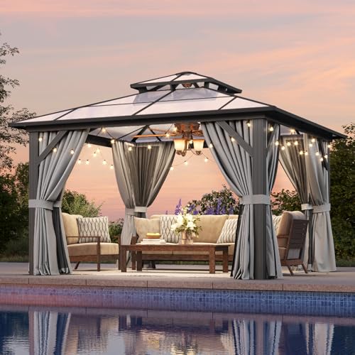 12x16 Hardtop Gazebo with Netting and Curtains, Aluminum Frame, Polycarbonate Roof N71921