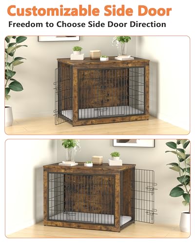 Dog Crate Furniture with Cushion, Heavy-Duty Metal Mesh, Wooden End Table with Double Doors, Indoor Kennel for Small Breed, Grey K856