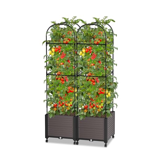 DoCred 63" H Planter Box Raised Garden Bed with Trellis & Wheels Standing Vertical Horticulture Planter Box for Vine Climbing Plants, Flowers, Herbs