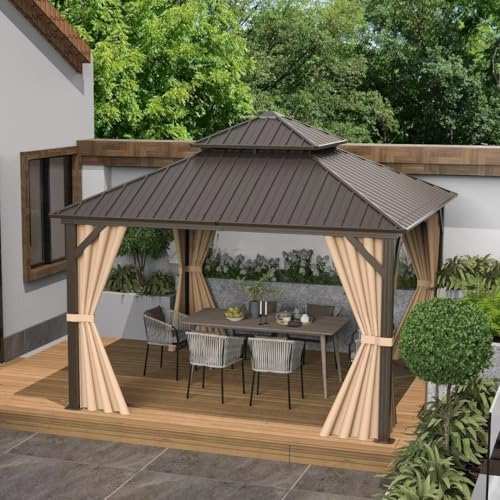 10 x 10 ft Hardtop Gazebo with Netting and Curtains, Galvanized Steel Roof for Patio and Garden X50618