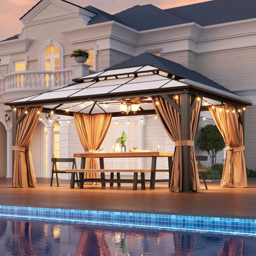 12x16 Hardtop Gazebo with Netting and Curtains, Aluminum Frame, Polycarbonate Roof N71921
