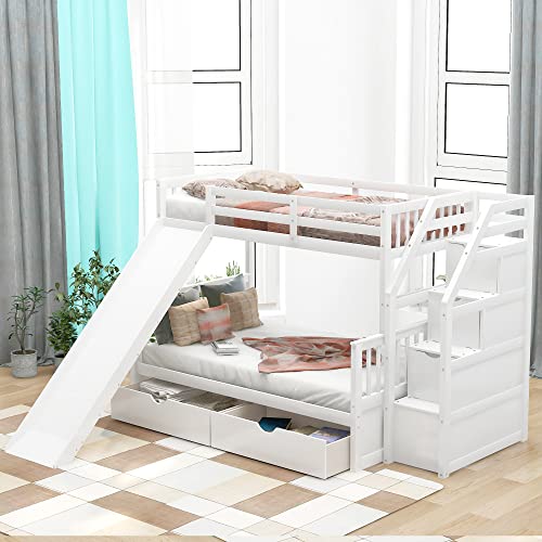 Twin Over Full Bunk Bed with Slide and Stairs for Kids E212