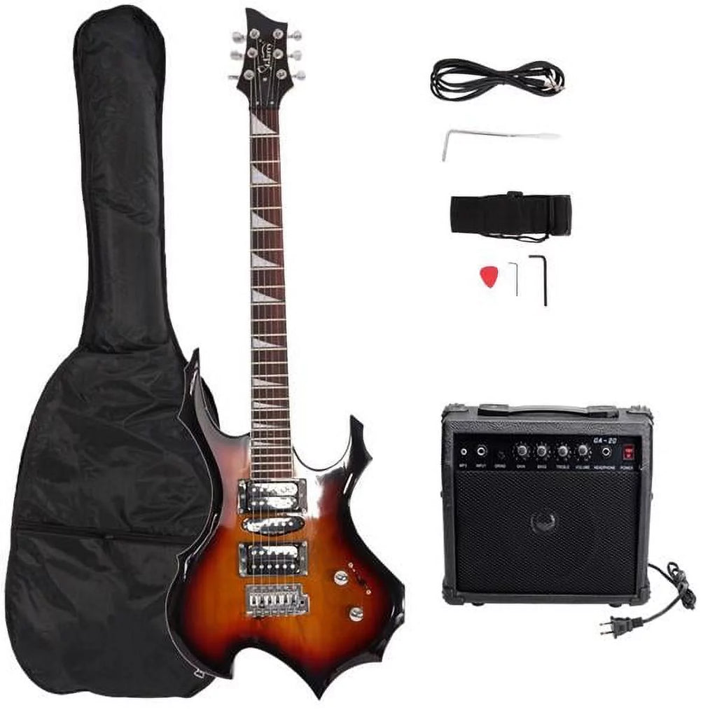 Fithood Glarry Flame Shaped Electric Guitar with 20W Electric Guitar Sound HSH Pickup Novice Guitar Audio Bag Strap Picks Shake Cable Wrench Tool Sunset Color