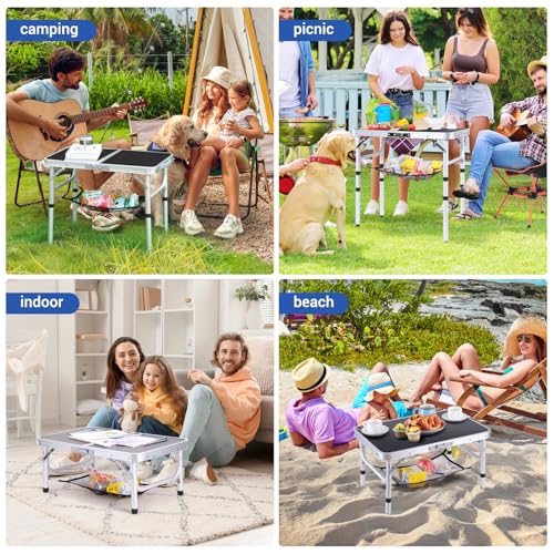 Adjustable Height Folding Camping Table with Mesh Layer Y4319