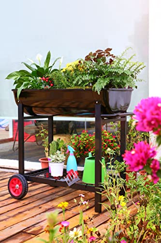 Metal Raised Planter Box on Wheels with Gardening Kit, Mobile Garden Bed Cart with Legs O92275