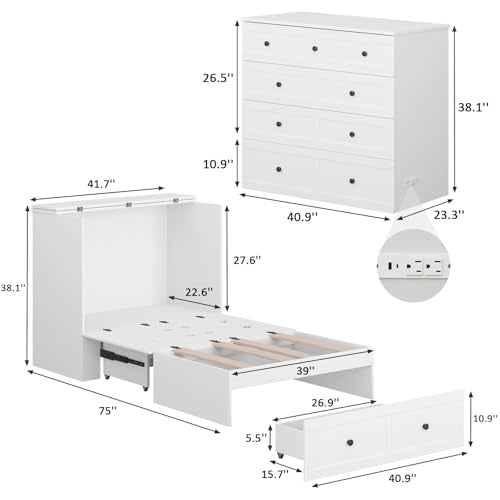 Murphy Bed with Storage and Charging Station, Foldable Panel, for Guest Bedroom, Living Room, Office V324