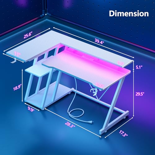 L Shaped Gaming Desk with Power Outlet and LED Lights T64283