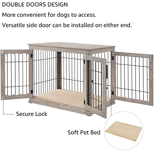 Wooden Dog Crate End Table with Double Doors and Pet Bed T245171