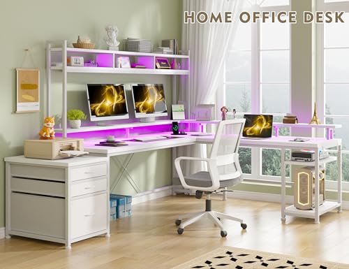 L Shaped Gaming Desk with Storage Shelves and LED Light U926701
