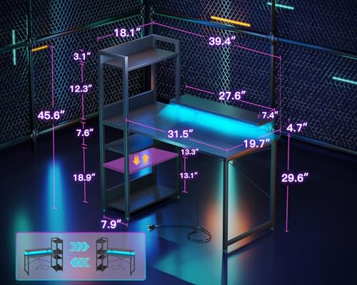 Reversible Gaming Desk with USB Charging Port and LED Lights, 40 Inch Computer Desk with Storage Shelves C134