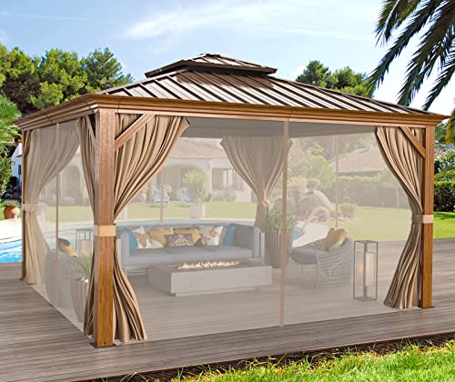 12x16 ft Hardtop Gazebo with Galvanized Steel Roof, Curtains and Netting V821