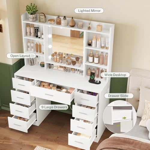 Vanity Desk with Mirror and Lights, 9 Drawers, 6 Open Shelves, Adjustable Brightness, White W8407