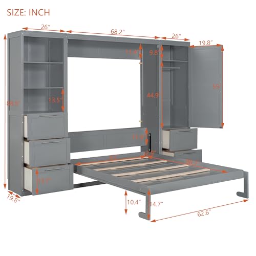Murphy Bed Queen Size with Built-in Shelves, Storage Drawers and Wardrobe, Grey R789846