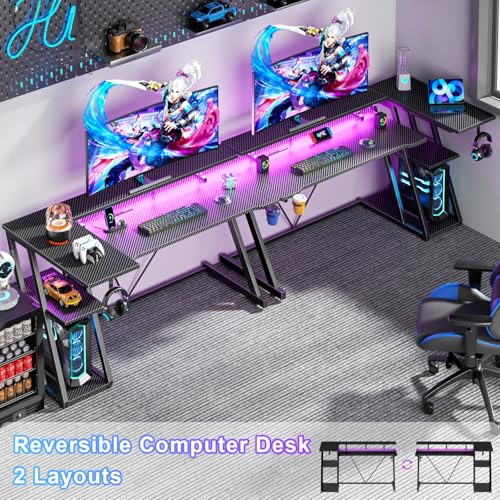 L Shaped Gaming Desk with Power Outlet and LED Lights T64283