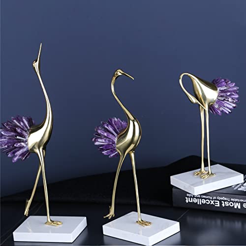 Gold Crane Bird Statue with Crystal Tail Accents, Brass Figurine for Home Decor P83593