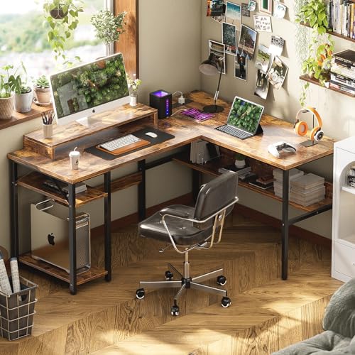 Reversible L Shaped Desk with Power Outlets and LED Light, Corner Computer Desk with Monitor Stand and Storage Shelves, Black D613