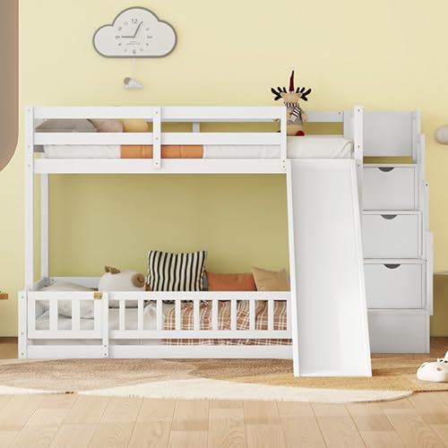 Twin Over Full Bunk Bed - Modern Wooden Floor Bunk Bed with Slide, Storage Staircase & Safety Fence Guardrails, Solid Bed Frame Space Saving Design for Bedroom Guest Room, White