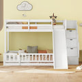 Twin Over Full Bunk Bed - Modern Wooden Floor Bunk Bed with Slide, Storage Staircase & Safety Fence Guardrails, Solid Bed Frame Space Saving Design for Bedroom Guest Room, White